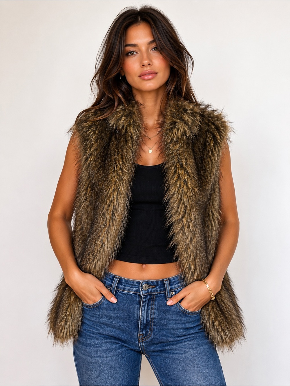 Kyodan Faux Fur Brown Tundra Vest – Cropped Statement Layer Size M / New